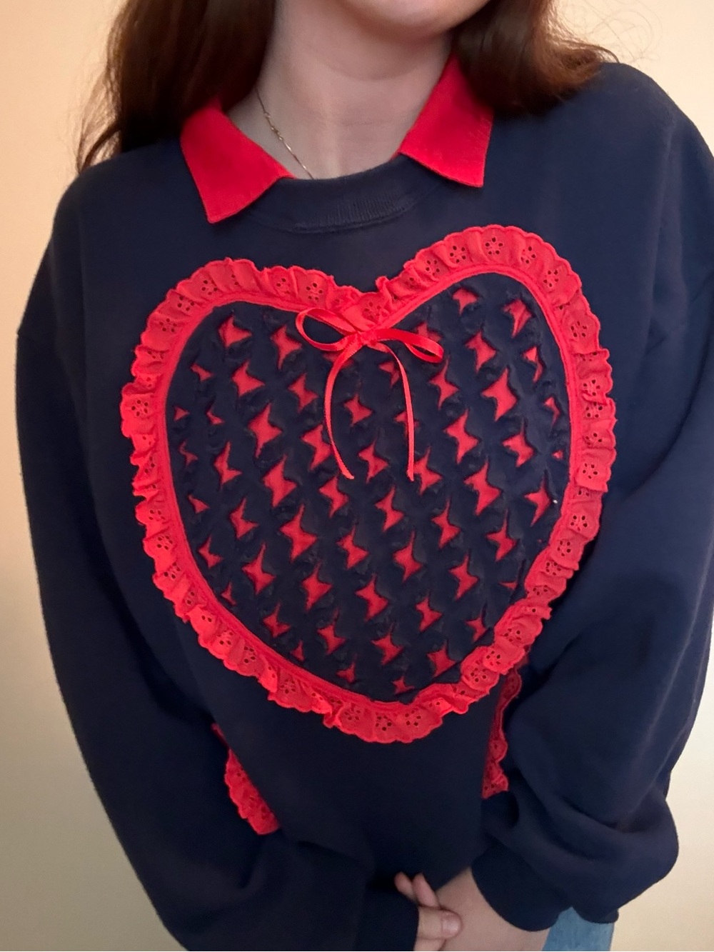 JERZEES Vintage Navy Crewneck with Red Lace Heart